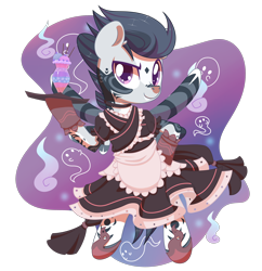 Size: 2100x2165 | Tagged: safe, artist:musicfirewind, oc, oc only, oc:jungle rumble, ghost, pegasus, pony, undead, bipedal, choker, clothes, coat markings, crossdressing, cute, dress, flats, food, glass, gloves, hoof hold, ice cream, maid, male, ocbetes, older, raised eyebrow, raised hoof, simple background, solo, stallion, tattoo, transparent background, tray, ych result