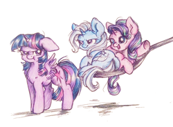 Size: 700x516 | Tagged: safe, artist:buttersprinkle, starlight glimmer, trixie, twilight sparkle, twilight sparkle (alicorn), alicorn, pony, unicorn, :t, angry, chest fluff, cute, diatrixes, female, floppy ears, fluffy, frown, glare, glimmerbetes, grumpy, grumpy twilight, horse spooning meme, magical trio, mare, meme, open mouth, prone, puffy cheeks, smiling, smirk, smug, spoon, spread wings, tiny, tiny ponies, traditional art, twiabetes, underhoof, waving