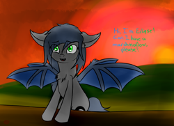 Size: 800x580 | Tagged: safe, artist:eclipsepenumbra, oc, oc only, oc:eclipse penumbra, bat pony, pony, chest fluff, cute, dialogue, fangs, floppy ears, green eyes, looking at you, smiling, solo, sunset