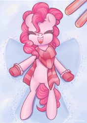 Size: 1024x1445 | Tagged: safe, artist:musicfirewind, pinkie pie, earth pony, pony, clothes, cute, diapinkes, eyes closed, female, mare, mittens, on back, open mouth, scarf, snow, snow angel, solo, winter, winter outfit
