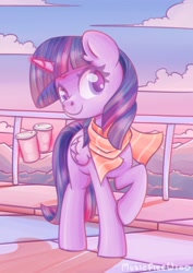 Size: 1280x1806 | Tagged: safe, artist:musicfirewind, twilight sparkle, twilight sparkle (alicorn), alicorn, pony, clothes, coffee, female, looking at you, magic, mare, one hoof raised, railing, scarf, scenery, solo, telekinesis