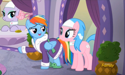 Size: 872x528 | Tagged: safe, screencap, aloe, lavender essence, rainbow dash, pegasus, pony, applejack's "day" off, bathrobe, clothes, discovery family logo, robe, tank slippers