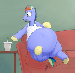 Size: 2420x2348 | Tagged: safe, artist:lupin quill, bow hothoof, pony, belly, belly button, bhm, big belly, clothes, facial hair, fat, flabby chest, frog (hoof), obese, rolls of fat, sitting, soda, sofa, solo, underhoof, unshorn fetlocks, vest