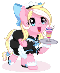 Size: 1802x2200 | Tagged: safe, artist:musicfirewind, oc, oc only, oc:bay breeze, pegasus, pony, clothes, cuffs (clothes), cute, dress, female, frilly dress, looking up, maid, mare, open mouth, simple background, starry eyes, transparent background, tray, wingding eyes, ych result