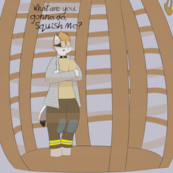 Size: 2500x2500 | Tagged: safe, artist:lupin quill, oc, oc only, oc:tessidae, anthro, breezie, unguligrade anthro, series:breezie in a cage (weight gain), breezie oc, cage, captured, clothes, collar, crossed arms, dialogue, feed bag, goggles, open mouth, tail, this will end in weight gain, weight gain, weight gain sequence, wings