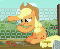 Size: 624x509 | Tagged: safe, screencap, applejack, earth pony, pony, applejack's "day" off, animated, chicken wire, discovery family logo, fence, frown, hoof hold, loop, raised eyebrow, sitting, solo