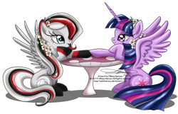 Size: 1400x901 | Tagged: safe, artist:tiffanymarsou, twilight sparkle, twilight sparkle (alicorn), oc, oc:bridle timeout, alicorn, pegasus, pony, canon x oc, flower, flower in hair, mushroom table, shipping