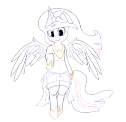 Size: 1068x1030 | Tagged: safe, artist:andelai, princess twilight 2.0, twilight sparkle, twilight sparkle (alicorn), alicorn, pony, the last problem, alternate design, beautiful, clothes, cute, female, hoof shoes, horseshoes, jewelry, lineart, mare, monochrome, regalia, shoes, simple background, skirt, solo, white background, wings