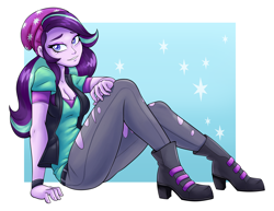 Size: 3300x2550 | Tagged: safe, artist:ambris, starlight glimmer, equestria girls, mirror magic, spoiler:eqg specials, beanie, boots, bracelet, breasts, cleavage, clothes, cute, digital art, female, glimmerbetes, hat, high res, looking at you, patreon, patreon reward, pinup, shoes, sitting, smiling, solo, starlight jiggler