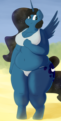 Size: 1260x2500 | Tagged: safe, artist:lupin quill, princess luna, anthro, unguligrade anthro, bbw, beach, belly, belly button, big breasts, bikini, bikini bottom, bikini top, breasts, chubby, cleavage, clothes, fat, fupa, plump, princess balloona, princess moonpig, solo, spread wings, swimsuit, thighs, thunder thighs, tight clothing, wide hips, wings