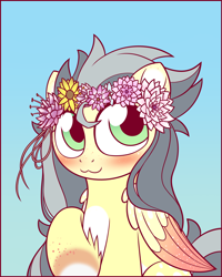 Size: 1200x1500 | Tagged: safe, artist:symbianl, oc, oc only, oc:dixie evergreen, floral head wreath, flower, looking back, pale belly, raised hoof, solo