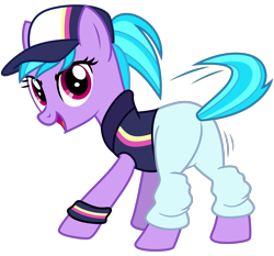 Size: 2400x2240 | Tagged: safe, artist:cheezedoodle96, azure velour, pony, the saddle row review, .svg available, baseball cap, clothes, dancing, female, hat, inkscape, looking at you, mare, motion lines, pants, simple background, solo, svg, tail twirl, transparent background, vector, vest