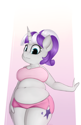 Size: 2160x3324 | Tagged: safe, artist:andelai, twilight velvet, anthro, unicorn, belly button, bipedal, bra, breasts, chubby, chubby velvet, clothes, female, gilf, gradient background, headlight velvet, mare, milf, plump, ponytail, shorts, solo, underwear, wide hips