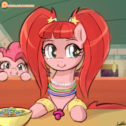 Size: 750x750 | Tagged: safe, artist:lumineko, pacific glow, pinkie pie, pony, the saddle row review, :>, :i, candy, cute, female, food, glowstick, leg warmers, looking at you, looking away, mare, necklace, open mouth, pacifier, patreon, patreon logo, pinkie clone, puffy cheeks, skittles, smiling, starry eyes, wingding eyes