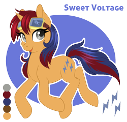 Size: 991x950 | Tagged: safe, artist:peridotkitty, oc, oc only, oc:sweet voltage, pony, unicorn, goggles, looking at you, reference sheet, solo