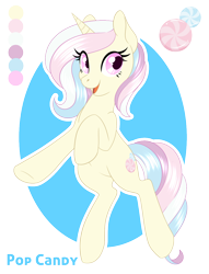 Size: 950x1243 | Tagged: safe, artist:peridotkitty, oc, oc only, oc:pop candy, pony, unicorn, looking at you, reference sheet, solo