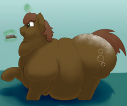 Size: 3000x2500 | Tagged: safe, artist:lupin quill, oc, oc only, oc:brownie mix, pony, unicorn, belly, bhm, big belly, bingo wings, brownie, butt, chubby cheeks, double chin, eating, fat, flabby chest, large butt, long hair, magic, morbidly obese, obese, plot, rolls of fat, simple background, solo