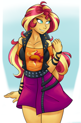 Size: 1996x3020 | Tagged: safe, artist:ambris, sunset shimmer, equestria girls, beautiful, breasts, clothes, cute, female, jacket, leather jacket, moe, shirt, simple background, skirt, smiling, solo, sunset jiggler, thighs