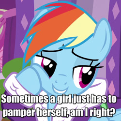 Size: 550x550 | Tagged: safe, screencap, rainbow dash, pegasus, pony, applejack's "day" off, bathrobe, clothes, cropped, cute, dashabetes, female, girly, lip bite, mare, robe, smiling, solo, squishy cheeks, subtitles