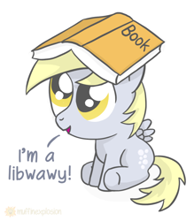 Size: 982x1122 | Tagged: safe, artist:muffinexplosion, derpy hooves, pegasus, pony, book, cute, derpabetes, dialogue, female, filly, hat, hnnng, open mouth, simple background, solo, weapons-grade cute, white background, younger