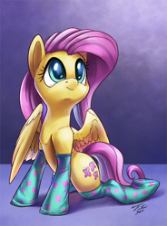 Size: 900x1223 | Tagged: safe, artist:tsitra360, fluttershy, pegasus, pony, clothes, cute, female, mare, shyabetes, signature, smiling, socks, solo