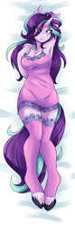 Size: 492x1476 | Tagged: safe, artist:ambris, edit, starlight glimmer, anthro, unguligrade anthro, unicorn, armpits, blushing, body pillow, body pillow design, breasts, chemise, cleavage, clothes, cropped, eyelashes, eyeshadow, female, from above, hooves, looking at you, makeup, mare, messy hair, nightgown, nightwear, no bra underneath, on back, pose, seductive, seductive pose, sexy, smiling, socks, solo, stockings, sultry pose, tail, thigh highs