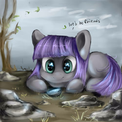 Size: 3000x3000 | Tagged: safe, artist:katemaximova, boulder (pet), maud pie, earth pony, pony, maud pie (episode), blank flank, cute, daaaaaaaaaaaw, dialogue, female, filly, glow, happy, hnnng, maudabetes, prone, rock, smiling, solo, weapons-grade cute, when she smiles, younger