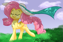 Size: 2099x1423 | Tagged: safe, artist:ikarooz, fluttershy, pegasus, pony, alternate hairstyle, dappled sunlight, eyes closed, female, folded wings, grass, hat, mare, outdoors, raised leg, shade, sky, solo, sun hat, three quarter view, walking, wings