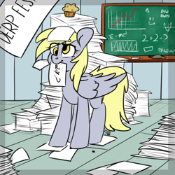 Size: 3000x3000 | Tagged: safe, artist:sugarstar, derpy hooves, pegasus, pony, chalkboard, female, food, mare, mouth hold, muffin, paper, russian, solo