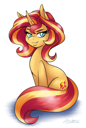 Size: 2650x3922 | Tagged: safe, artist:ambris, sunset shimmer, pony, unicorn, colored, colored pupils, commission, curved horn, grin, lidded eyes, looking at you, raised eyebrow, shadow, signature, simple background, sitting, smiling, smug, solo, white background