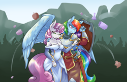 Size: 3300x2158 | Tagged: safe, artist:ambris, rainbow dash, sweetie belle, anthro, pegasus, unicorn, alternate universe, angry mob, apple, armor, belt, bodyguard, breasts, broken bottle, cleavage, clothes, commission, duo, female, food, lesbian, older, older sweetie belle, protecting, shield, shipping, sweetie boobs, sweetiedash, sword, weapon, youtube link