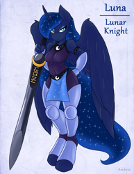 Size: 2550x3300 | Tagged: safe, artist:ambris, princess luna, anthro, unguligrade anthro, adventuring is magic, armor, breasts, colored pupils, fantasy class, female, knight, princess balloona, solo, sword, warrior, warrior luna