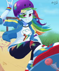 Size: 2500x3000 | Tagged: safe, artist:horsecat, rainbow dash, equestria girls, sic skateboard, spoiler:eqg series (season 2), converse, cute, dashabetes, devil horn (gesture), elbow pads, female, geode of super speed, helmet, knee pads, magical geodes, shoes, skate park, skateboard, skateboarding, sneakers, solo