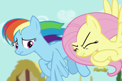 Size: 1623x1075 | Tagged: safe, screencap, fluttershy, rainbow dash, pegasus, pony, flutter brutter, angry, discovery family logo, flying, peeved, scrunchy face