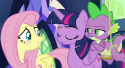 Size: 910x498 | Tagged: safe, screencap, fluttershy, spike, twilight sparkle, twilight sparkle (alicorn), alicorn, dragon, pegasus, pony, flutter brutter, animated, blush sticker, blushing, cute, discovery family logo, frown, head shake, loop, rope, shyabetes, unamused