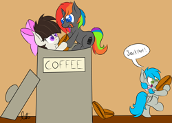 Size: 1771x1271 | Tagged: safe, artist:laptopbrony, oc, oc only, oc:aggie, oc:darcy sinclair, oc:krylone, bipedal, bow, coffee, cute, hair bow, kryggie, micro, rainbow hair