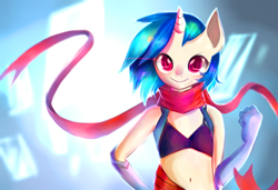 Size: 1500x1024 | Tagged: safe, artist:gianghanz, dj pon-3, vinyl scratch, anthro, belly button, bra, breasts, clothes, delicious flat chest, evening gloves, female, gloves, looking at you, midriff, scarf, smiling, solo, underwear