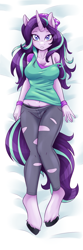Size: 492x1476 | Tagged: safe, artist:ambris, edit, starlight glimmer, anthro, unguligrade anthro, unicorn, equestria girls, mirror magic, spoiler:eqg specials, beanie, big breasts, black underwear, blushing, body pillow, bra strap, breasts, cleavage, clothes, cropped, denim, equestria girls outfit, eyelashes, eyeshadow, female, from above, hat, hooves, horn, jeans, looking at you, makeup, mare, messy hair, missing accessory, off shoulder, on back, pants, ripped pants, shirt, solo, starlight jiggler, tail, tight clothing, torn clothes, underwear, wristband