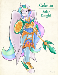 Size: 2550x3300 | Tagged: safe, artist:ambris, princess celestia, alicorn, anthro, unguligrade anthro, adventuring is magic, armor, clothes, colored pupils, curved horn, fantasy class, female, knight, shield, smiling, solo, spear, warrior, weapon