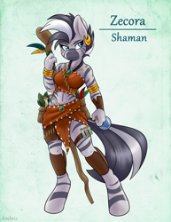 Size: 2550x3300 | Tagged: safe, artist:ambris, zecora, anthro, unguligrade anthro, zebra, adventuring is magic, clothes, colored pupils, female, midriff, potion, shaman, simple background, solo, staff, tube top