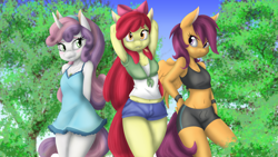 Size: 6000x3375 | Tagged: safe, artist:ambris, artist:kurausuki, apple bloom, scootaloo, sweetie belle, anthro, earth pony, pegasus, unicorn, absurd resolution, arm behind head, armpits, belly button, blushing, bow, clothes, cutie mark crusaders, dress, female, hair bow, midriff, nubile, older, sports bra, sports shorts, wallpaper