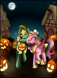 Size: 2588x3547 | Tagged: safe, artist:pridark, oc, oc only, oc:heavy metal, oc:precious metal, clothes, costume, duo, moon, night, nightmare night, ponyville