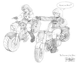 Size: 2200x1800 | Tagged: safe, artist:meto30, principal celestia, sunset shimmer, human, equestria girls, artist training grounds 2020, equestria daily, monochrome, motorcycle