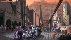 Size: 4989x2807 | Tagged: safe, artist:willhemtier, oc, oc only, oc:dusk rhine, oc:platinum decree, oc:tendaji, oc:trance, oc:wolf longsight, bat pony, earth pony, pegasus, pony, unicorn, zebra, building, car, city, clothes, cowboy hat, future, glasses, hat, limousine, mars, pda, railway track, scenery, scenery porn, spaceship, stars above, street, streetlight, suit, traffic, traffic light