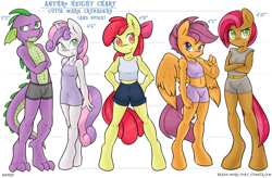 Size: 6622x4339 | Tagged: safe, artist:ambris, apple bloom, babs seed, scootaloo, spike, sweetie belle, anthro, dragon, earth pony, pegasus, unguligrade anthro, unicorn, absurd resolution, bare chest, belly button, boxer briefs, boyshorts, breasts, chart, clothes, cutie mark crusaders, delicious flat chest, female, hooves, looking at you, midriff, nightgown, older, panties, raised eyebrow, size chart, size comparison, smiling, tanktop, teenage spike, topless, underwear