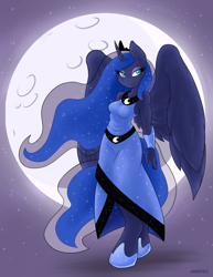 Size: 1275x1650 | Tagged: safe, artist:ambris, princess luna, alicorn, anthro, unguligrade anthro, bedroom eyes, clothes, colored pupils, curved horn, dress, female, looking at you, moon, solo