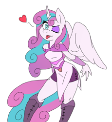 Size: 829x902 | Tagged: safe, artist:ambris, color edit, edit, princess flurry heart, alicorn, anthro, ;p, boots, clothes, colored, curved horn, dress, eyeshadow, female, heart, heart eyes, looking at you, makeup, older, older flurry heart, one eye closed, princess emo heart, shorts, simple background, spread wings, teasing, teenage flurry heart, teenager, tongue out, white background, wingding eyes, wink