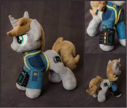 Size: 970x824 | Tagged: safe, artist:valmiiki, oc, oc only, oc:littlepip, pony, unicorn, fallout equestria, clothes, fanfic, female, irl, mare, photo, pipbuck, plushie, solo, vault suit