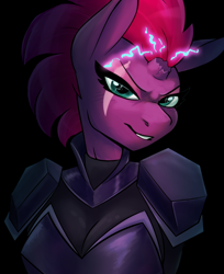 Size: 1280x1572 | Tagged: safe, artist:ambris, artist:jitterladybug, tempest shadow, anthro, unicorn, my little pony: the movie, armor, bodysuit, breastplate, breasts, broken horn, cleavage, eye scar, female, lightning, looking at you, scar, smiling, solo, sparking horn, sparkles, tempest pillows