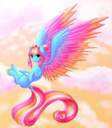 Size: 2000x2280 | Tagged: safe, artist:fluffymaiden, oc, oc only, oc:raspberry sherbet, pegasus, pony, cloud, colored wings, colored wingtips, flying, solo, spread wings